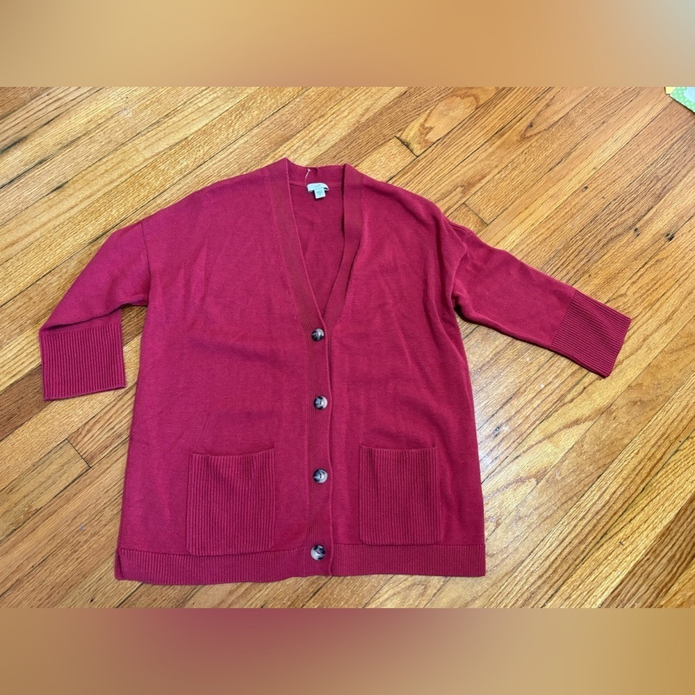 J Jill Cardigan Sweater 3/4 Sleeve V Neck Red Burgundy Pockets Sz XS Oversized